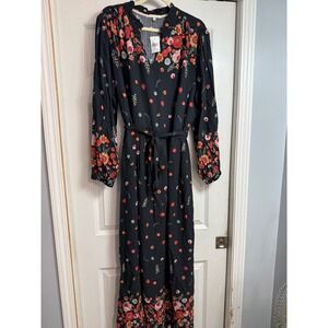 Kate & Sam Black Floral Border Print Maxi Dress Ruffle V-Neck XXL Boho NWT